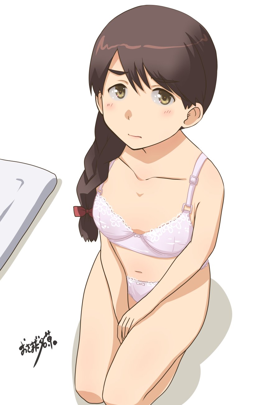 1girl artist_name bra braid breasts brown_eyes brown_hair commentary_request futon hair_over_shoulder hands_on_lap highres kantai_collection long_hair looking_at_viewer osamada_meika panties pink_bra pink_panties seiza single_braid sitting small_breasts solo thick_eyebrows underwear underwear_only uranami_(kancolle) v_arms
