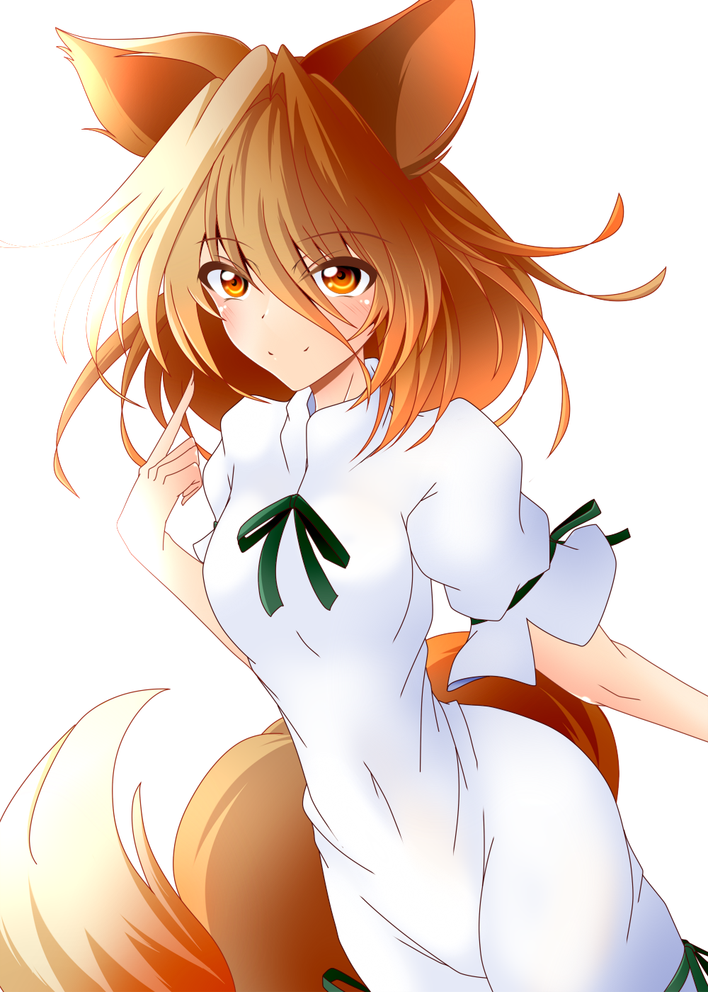 1girl animal_ears bangs blonde_hair bow breasts closed_mouth eyebrows_visible_through_hair fox_ears fox_tail green_bow hair_between_eyes hand_up highres jumpsuit kudamaki_tsukasa looking_at_viewer muumuu_(sirufuruteienn) one-hour_drawing_challenge orange_eyes puffy_short_sleeves puffy_sleeves short_hair short_sleeves simple_background small_breasts smile solo tail touhou white_background white_jumpsuit white_sleeves
