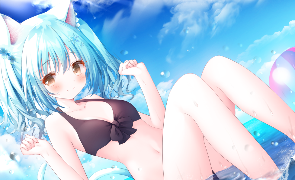 1girl animal_ear_fluff animal_ears ball bangs bare_arms bare_shoulders beachball bikini black_bikini blue_hair blush breasts brown_eyes cat_ears cat_girl cat_tail closed_mouth collarbone dutch_angle eyebrows_visible_through_hair feet_out_of_frame front-tie_bikini front-tie_top hair_between_eyes hands_up horizon knees_up murano navel ocean original shallow_water sitting small_breasts smile solo swimsuit tail twintails water wet