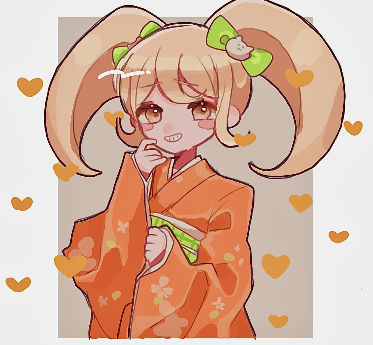 1girl ameko53133 bangs blonde_hair blush_stickers bow brown_background cat_hair_ornament commentary_request dangan_ronpa_(series) dangan_ronpa_2:_goodbye_despair grin hair_bow hair_ornament heart japanese_clothes kimono long_hair long_sleeves looking_at_viewer outside_border saionji_hiyoko smile solo twintails white_background wide_sleeves