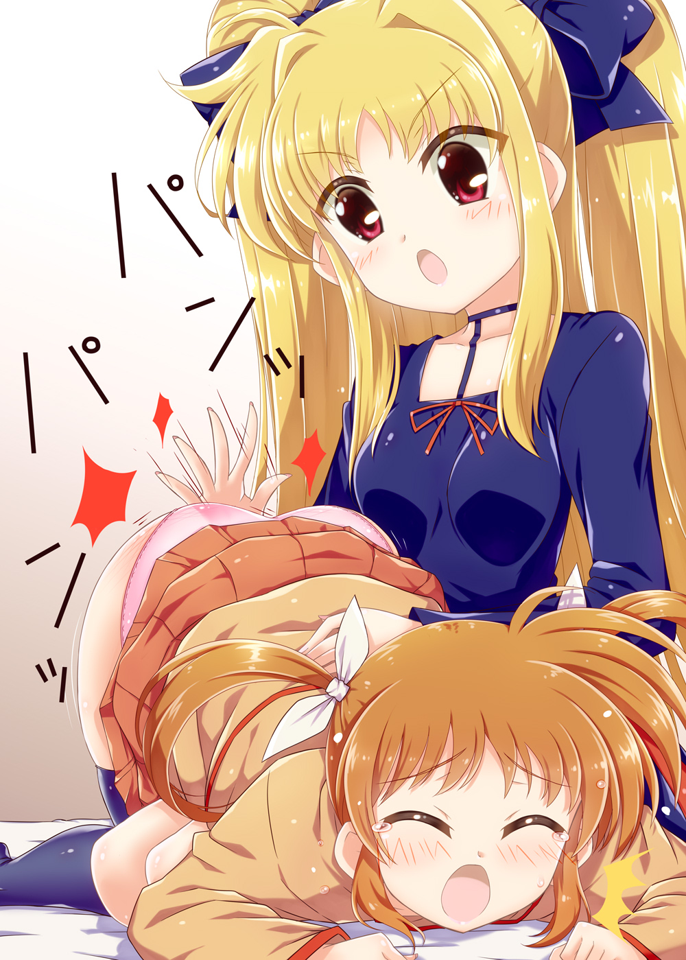 2girls ass blonde_hair blush breasts brown_hair closed_eyes collarbone eyebrows_visible_through_hair fate_testarossa hair_ornament hair_ribbon highres long_hair looking_at_another lyrical_nanoha mahou_shoujo_lyrical_nanoha mahou_shoujo_lyrical_nanoha_a's multiple_girls open_mouth panties pink_panties red_eyes ribbon shiny shiny_hair short_hair small_breasts spanking takamachi_nanoha twintails underwear yakisoba_(kaz2113) yuri