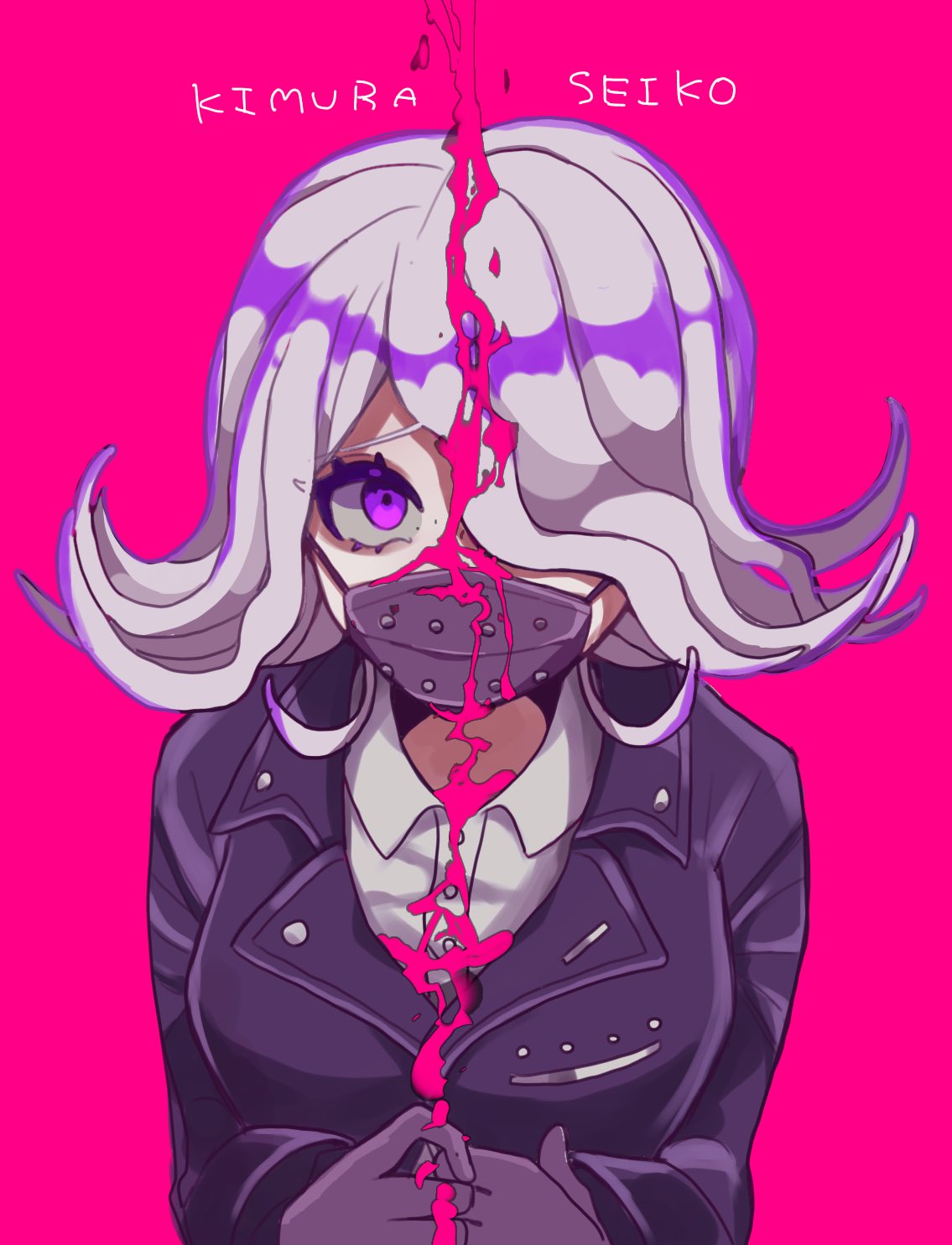 1girl ameko53133 bangs black_jacket breasts character_name collared_shirt commentary_request dangan_ronpa_(series) dangan_ronpa_3_(anime) dress_shirt flipped_hair gloves grey_hair hair_over_one_eye highres jacket kimura_seiko long_hair long_sleeves looking_at_viewer mask mouth_mask own_hands_together pink_background pink_eyes purple_hair shirt simple_background solo upper_body violet_eyes white_shirt