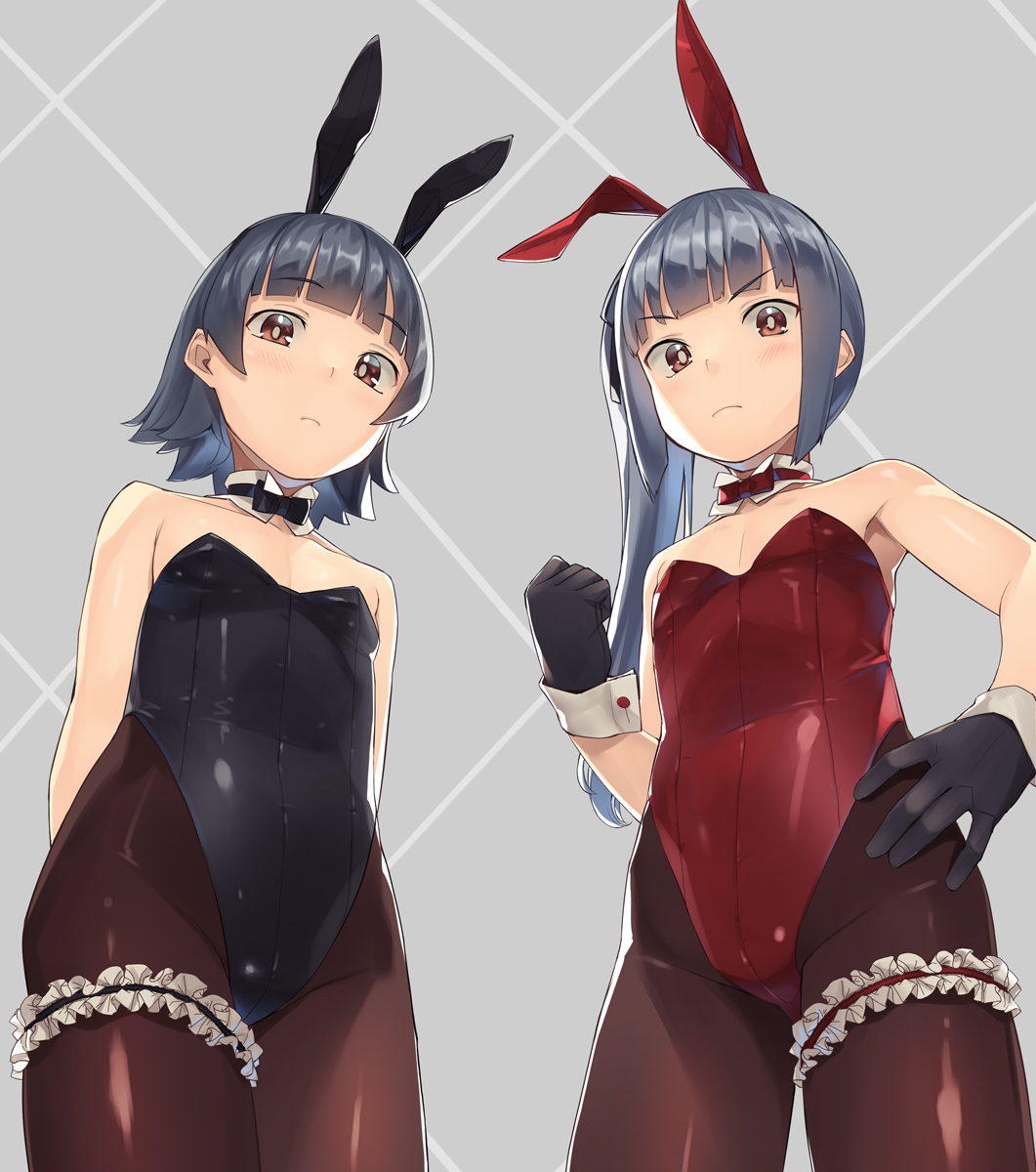 2girls alternate_costume animal_ears arare_(kancolle) bangs bare_shoulders black_gloves black_legwear blunt_bangs blush bow bowtie breasts brown_eyes closed_mouth commentary_request cowboy_shot detached_collar fake_animal_ears from_below gahaku garters gloves grey_background grey_hair highres kantai_collection kasumi_(kancolle) leg_garter leotard long_hair looking_at_viewer multiple_girls pantyhose playboy_bunny rabbit_ears red_leotard short_hair small_breasts standing strapless strapless_leotard wrist_cuffs