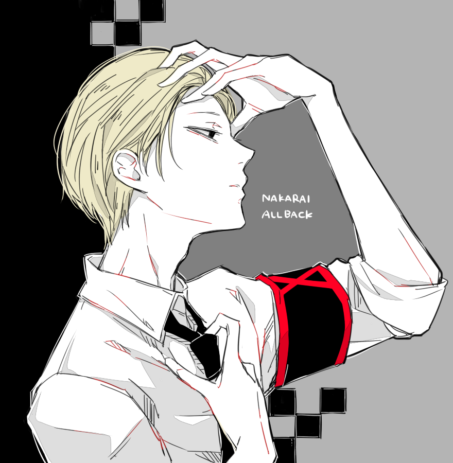 1boy arm_up awara_kayu bangs black_armband black_background blonde_hair closed_mouth collared_shirt commentary_request from_side grey_background hand_on_own_forehead hand_up long_sleeves male_focus nakarai_keijin necktie red_armband roman_numeral shirt short_hair simple_background solo tokyo_ghoul tokyo_ghoul:re upper_body