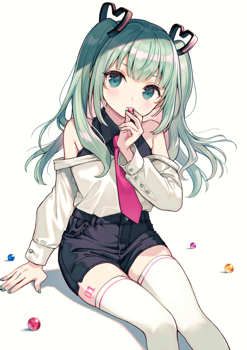1girl arm_support bangs bare_shoulders black_shirt black_shorts blush candy collared_shirt commentary english_commentary eyebrows_visible_through_hair feet_out_of_frame food green_eyes green_hair green_nails hand_up hatsune_miku highres holding holding_food nail_polish necktie nishizawa off-shoulder_shirt off_shoulder pink_neckwear shadow shirt short_shorts shorts sitting sleeveless sleeveless_shirt solo thigh-highs twintails vocaloid white_background white_legwear white_shirt
