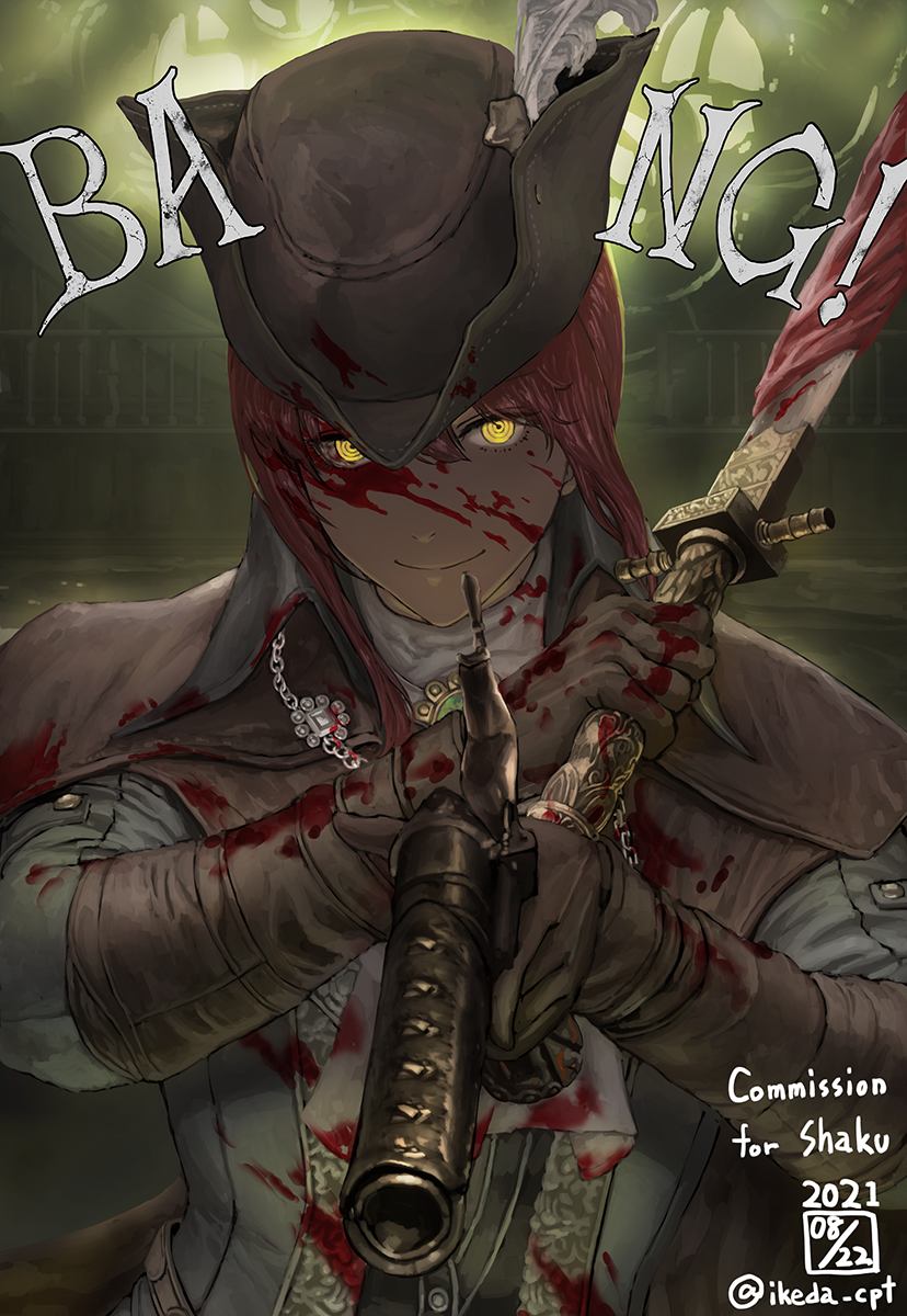 1girl antique_firearm blood blood_on_clothes blood_on_face bloodborne brooch buttons chainsaw_man coat commission cosplay dated dual_wielding english_text firelock flintlock gloves gun hair_between_eyes handgun hat highres holding holding_gun holding_sword holding_weapon ikeda_(cpt) interior jewelry lady_maria_of_the_astral_clocktower lady_maria_of_the_astral_clocktower_(cosplay) makima_(chainsaw_man) redhead ringed_eyes sidelocks skeb_commission solo sword tricorne trigger_discipline twitter_username weapon yellow_eyes