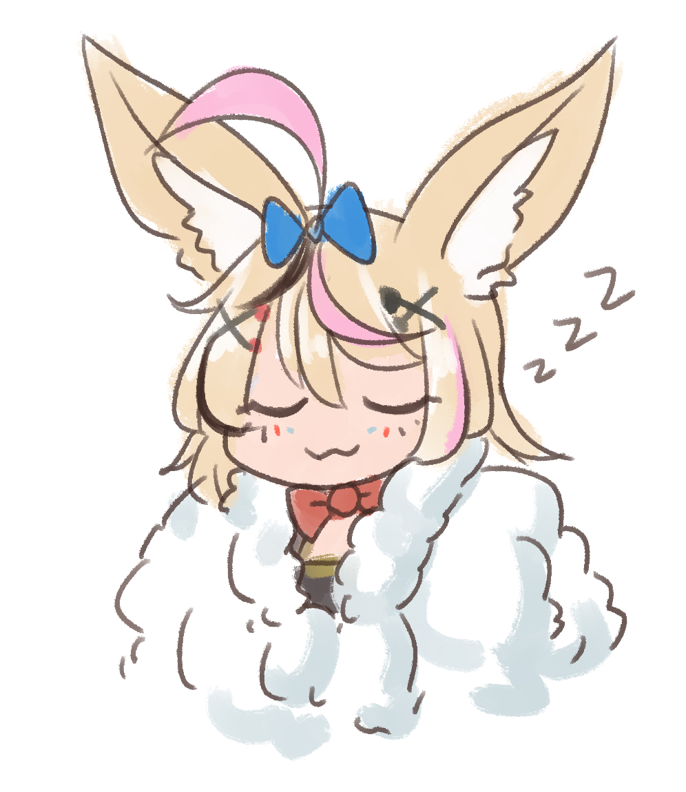 1girl :3 ahoge animal_ears blonde_hair blue_bow bow bowtie chibi closed_mouth facial_mark facing_viewer fox_ears hair_bow hair_ornament hairclip hololive omaru_polka red_neckwear simple_background sleeping solo upper_body white_background wool_(miwol) x_hair_ornament zzz