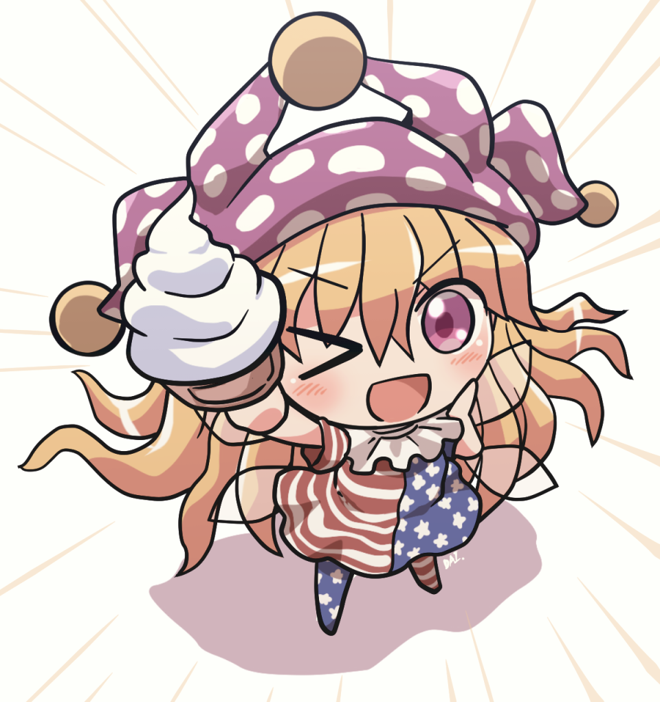 1girl american_flag_dress american_flag_legwear arm_up artist_name bangs blue_dress blue_pants blush chibi clownpiece dress eyebrows_visible_through_hair food hair_between_eyes hand_on_own_face hands_up hat ice_cream jester_cap looking_at_viewer looking_up multicolored multicolored_clothes multicolored_dress multicolored_pants no_shoes one_eye_closed open_mouth pants polka_dot purple_headwear red_dress red_pants rokugou_daisuke shadow short_sleeves smile solo standing star_(symbol) star_print striped striped_dress striped_pants touhou white_dress white_pants