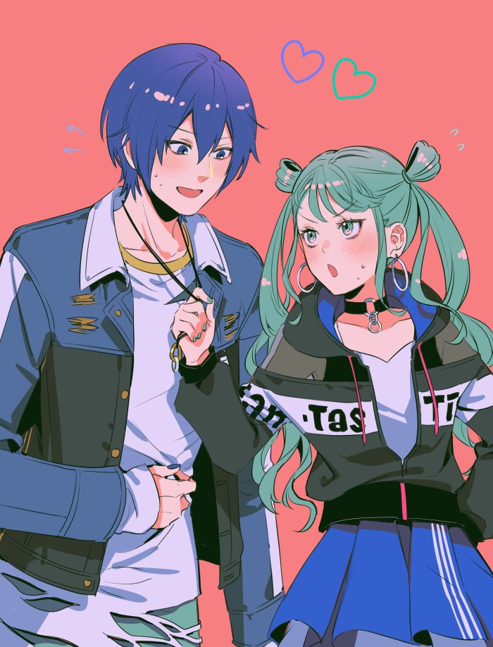 1boy 1girl black_jacket blue_hair blue_nails blue_skirt blush earrings green_hair green_nails hand_on_hip hatsune_miku heart hetero jacket jewelry kaito looking_at_another looking_down looking_up nail_polish necktie noriuma open_mouth project_sekai shirt short_hair simple_background skirt smile standing sweat sweatdrop twintails white_shirt