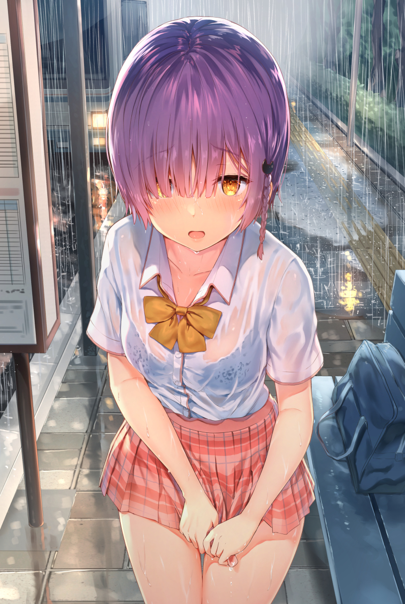 1girl bag bangs beads bench blush bow bowtie bra braid breasts bus bus_stop character_request collarbone collared_shirt cowboy_shot dripping eyebrows_visible_through_hair ground_vehicle hair_beads hair_ornament hair_over_one_eye highres kawaikereba_hentai_demo_suki_ni_natte_kuremasu_ka? looking_at_viewer miniskirt motor_vehicle open_mouth orange_eyes outdoors purple_hair rain red_skirt see-through shirt shirt_tucked_in short_hair short_sleeves skirt solo sune_(mugendai) thighs underwear wet wet_clothes white_shirt wringing_clothes yellow_neckwear