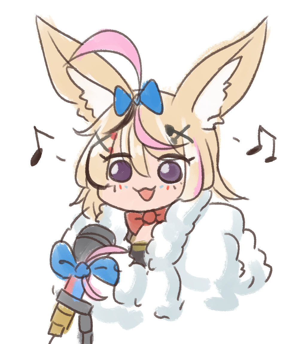 1girl :3 :d ahoge animal_ears blonde_hair blue_bow bow bowtie chibi facial_mark fox_ears hair_bow hair_ornament hairclip hololive looking_at_viewer microphone musical_note omaru_polka open_mouth red_neckwear simple_background smile solo upper_body violet_eyes white_background wool_(miwol) x_hair_ornament
