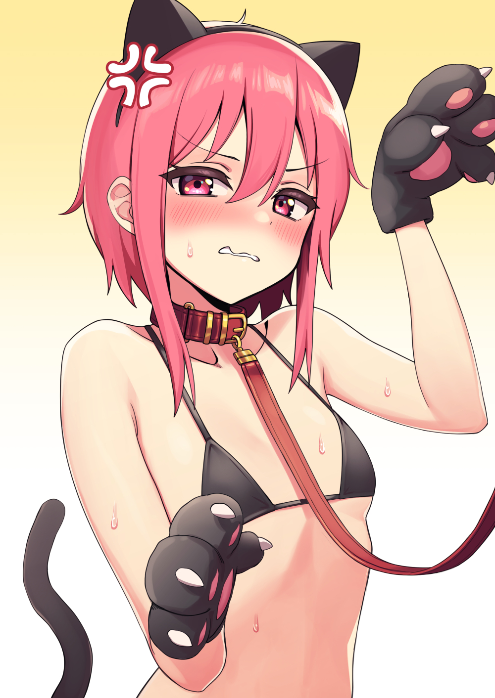 1girl anger_vein animal_collar animal_ears animal_hands bangs bare_shoulders bikini black_bikini blush cat_ears cat_tail character_request clenched_teeth collar collarbone copyright_request deadnooodles embarrassed fake_animal_ears flat_chest foreshortening gloves gradient gradient_background hair_between_eyes hand_up highres leash looking_at_viewer paw_gloves pink_eyes pink_hair shiny shiny_hair sidelocks simple_background solo sweat swimsuit tail teeth upper_body