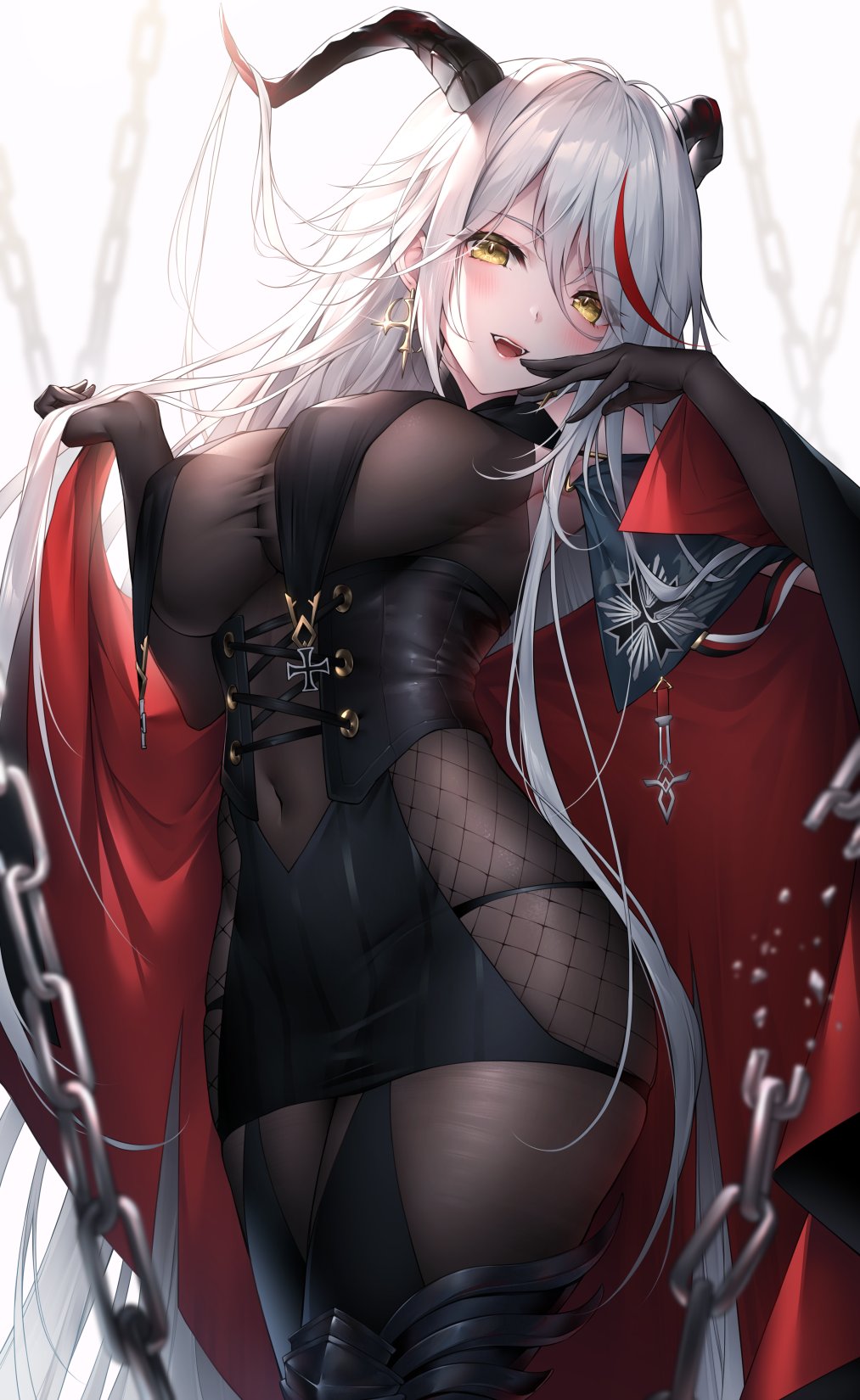 1girl absurdly_long_hair aegir_(azur_lane) azur_lane black_cape black_gloves black_skirt bodystocking boots breast_curtains breasts cape chain covered_navel cross cross-laced_clothes cross_earrings demon_horns earrings elbow_gloves eyebrows_visible_through_hair from_below gloves hair_on_horn highres horns iron_cross jewelry knee_boots large_breasts long_hair looking_at_viewer multicolored_hair open_mouth oyuwari redhead simple_background single_knee_boot skindentation skirt solo streaked_hair taut_clothes underbust very_long_hair white_background white_hair yellow_eyes
