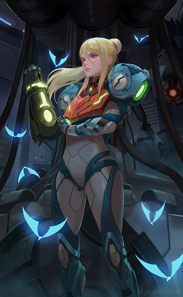 1girl arm_cannon armor bangs blonde_hair blue_eyes bug butterfly glowing gun helmet insect long_hair looking_at_viewer metroid metroid_dread mole mole_under_mouth ponytail power_armor samus_aran science_fiction sidelocks simple_background solo varia_suit visor weapon yagaminoue