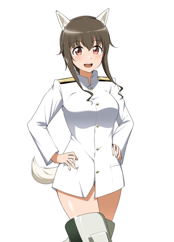 1girl animal_ears barkhorn0331 blush brown_hair crossed_legs dog_ears dog_tail hands_on_hips panties panty_peek sidelocks smile solo striker_unit tail underwear white_background white_uniform world_witches_series
