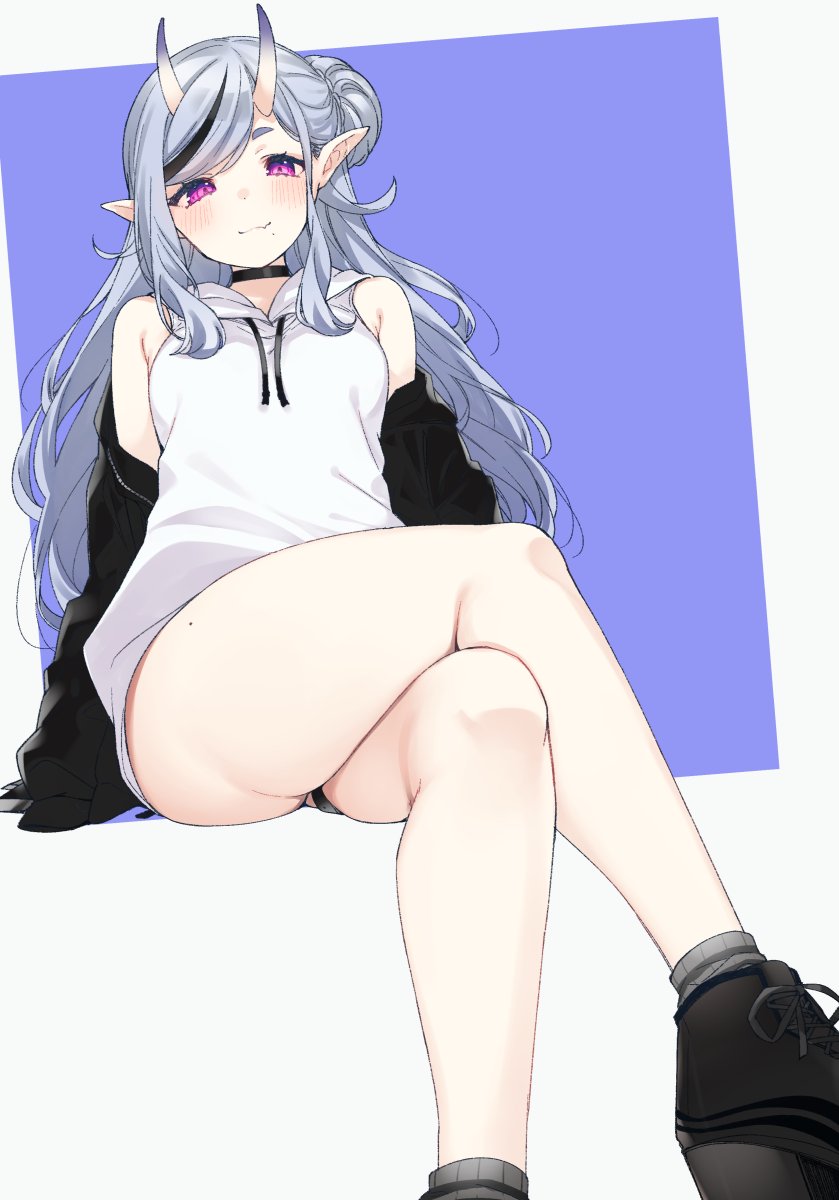 1girl bangs bare_legs black_choker black_footwear black_hair black_jacket blush choker closed_mouth commentary_request crossed_legs fang fang_out hair_bun highres hood hoodie horns jacket long_hair looking_at_viewer mole mole_on_thigh mole_under_mouth multicolored_hair nekoume nijisanji off_shoulder oni oni_horns open_clothes open_jacket pointy_ears rindou_mikoto shoes short_eyebrows side_bun silver_hair simple_background sitting skin_fang sleeveless sleeveless_hoodie solo streaked_hair swept_bangs thick_eyebrows violet_eyes virtual_youtuber white_hoodie