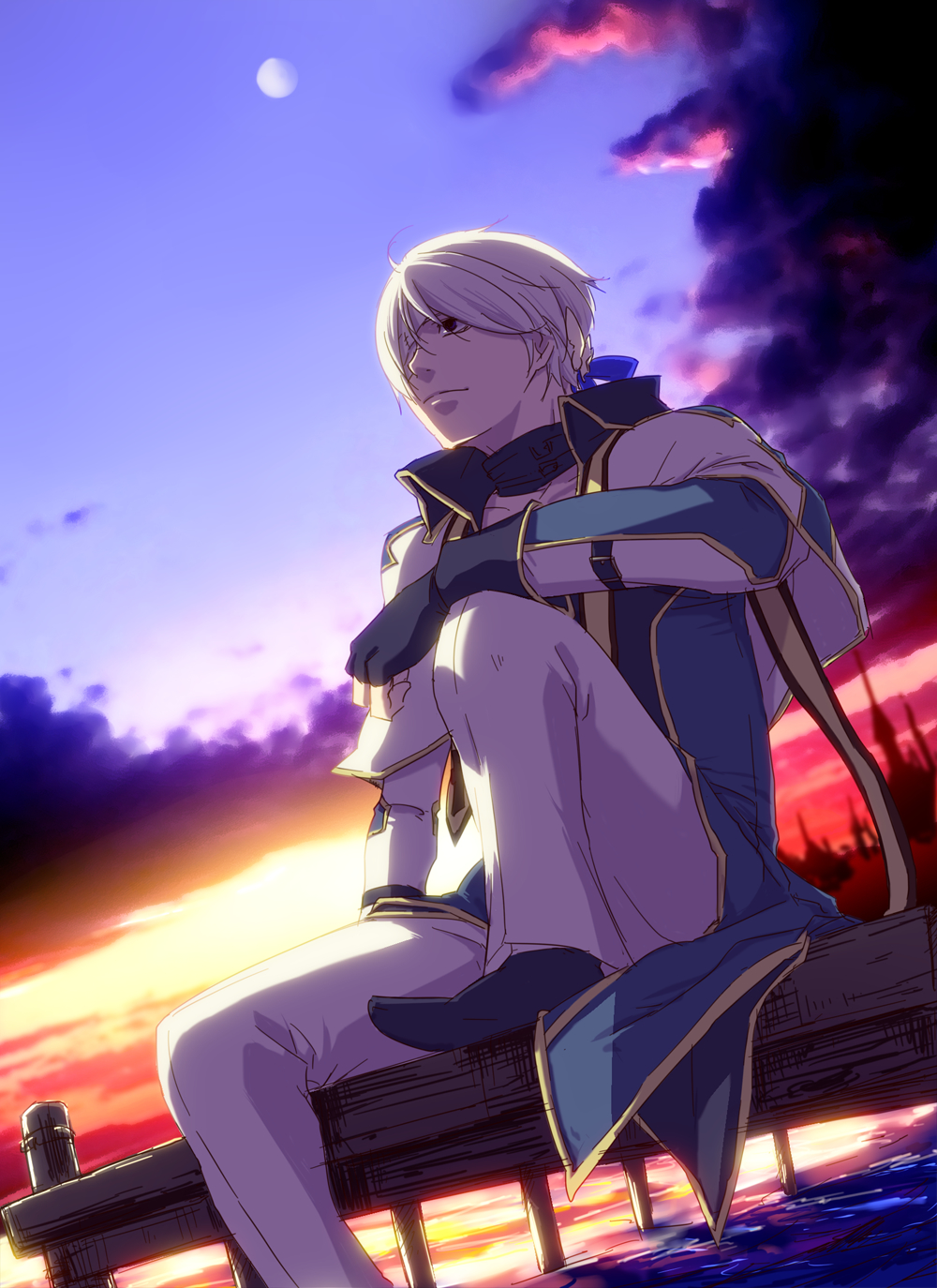 1boy archbishop_(ragnarok_online) bangs black_footwear black_gloves blue_coat blue_sky brown_eyes castle closed_mouth clouds coat commentary_request cropped_jacket dutch_angle fingerless_gloves foot_out_of_frame full_moon gloves highres jacket knee_up looking_afar male_focus mit_(necomit) moon pants pier ragnarok_online shoes short_hair shrug_(clothing) sitting sky smile solo sunset water white_hair white_jacket white_pants