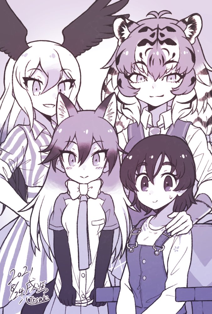 1girl 3girls animal_ears bald_eagle_(kemono_friends) bird_girl bird_wings blush bow bowtie captain_(kemono_friends) casual collared_shirt dress elbow_gloves extra_ears eyebrows_visible_through_hair fox_ears fox_girl gloves hair_between_eyes hand_on_another's_shoulder head_wings kemono_friends kemono_friends_3 kitsunetsuki_itsuki long_hair long_sleeves looking_at_viewer monochrome multiple_girls necktie official_alternate_costume overalls plaid_neckwear pleated_skirt red_fox_(kemono_friends) shirt short_hair short_sleeves siberian_tiger_(kemono_friends) sitting skirt striped striped_dress tiger_ears tiger_girl vest wings