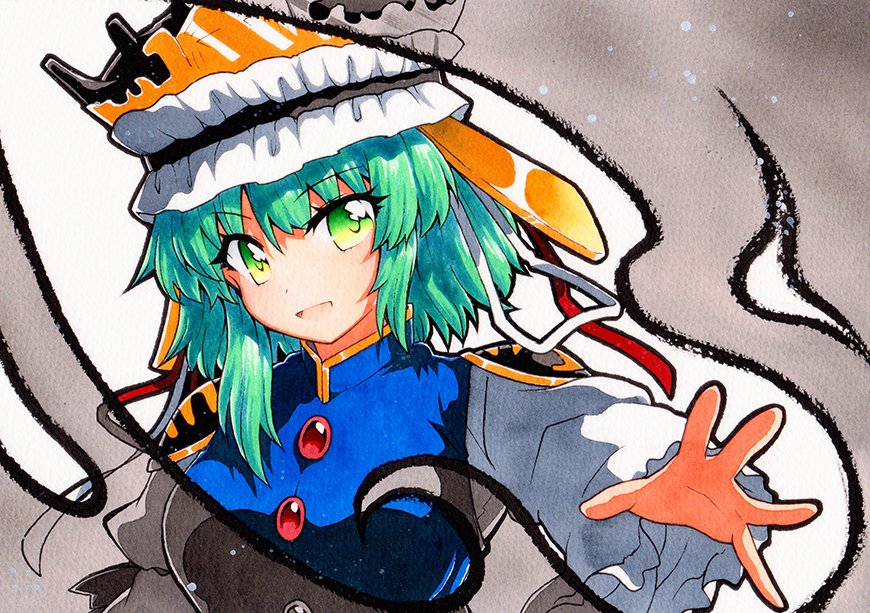 1girl blouse blue_vest flat_chest green_eyes green_hair long_sleeves qqqrinkappp shiki_eiki short_hair solo touhou traditional_media vest white_blouse wide_sleeves