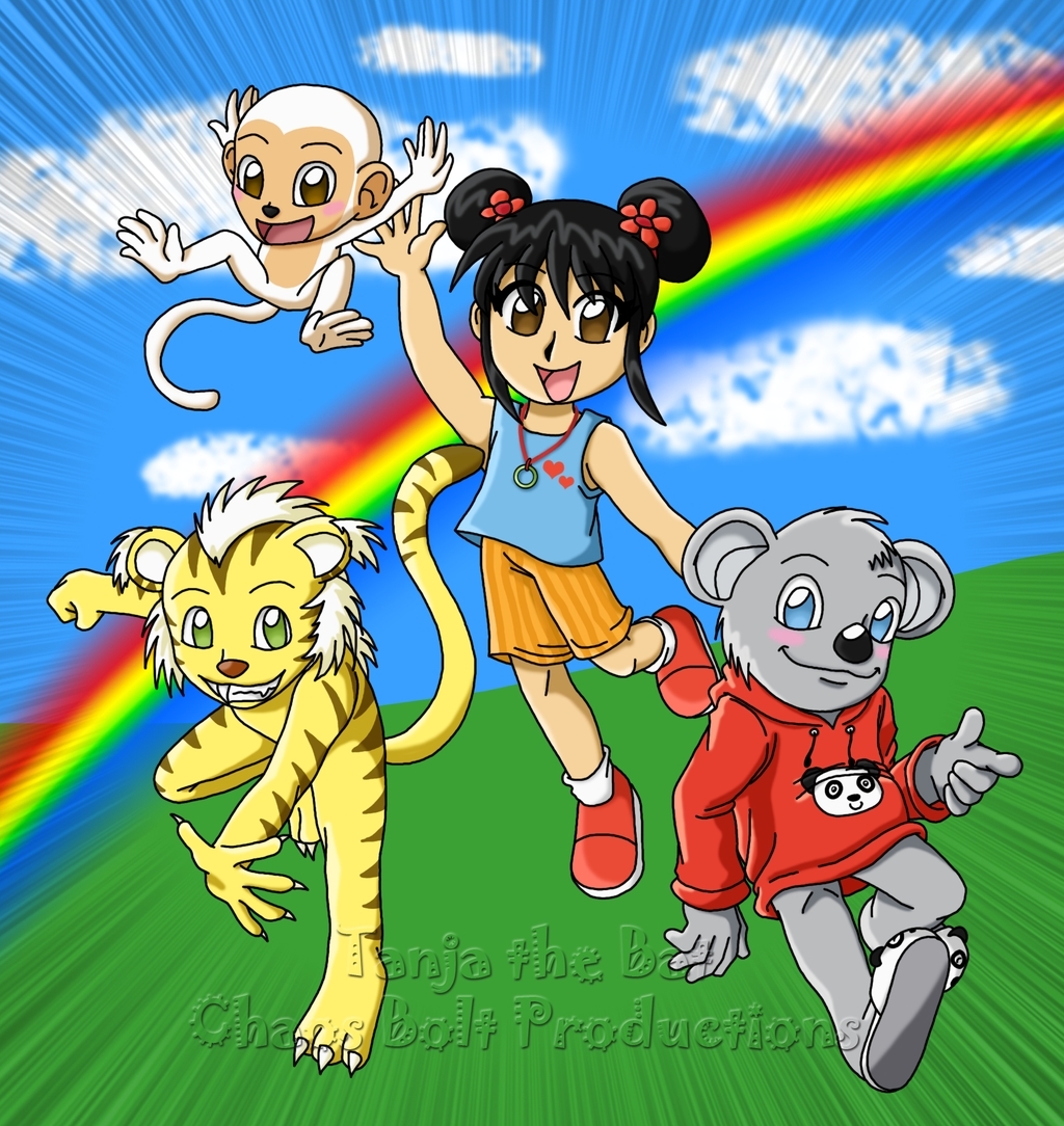 1girl 3others animal blue_sky blue_vest blush_stickers brown_eyes clouds furry grass grey_fur hoho kai-lan koala mammal monkey ni_hao_kai-lan nick_jr nickelodeon rainbow red_coat red_shoes rintoo tiger tolee viacom white_fur yellow_fur