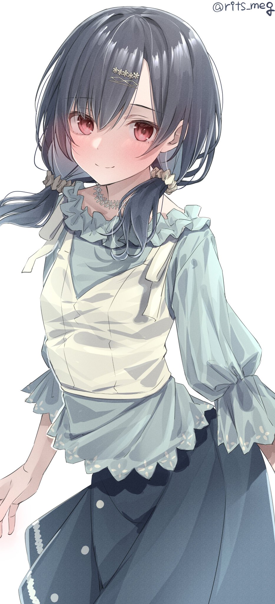 1girl bangs black_hair blue_shirt blue_skirt blush closed_mouth clothing_request cowboy_shot eyebrows_visible_through_hair hair_between_eyes hair_ornament highres idolmaster idolmaster_shiny_colors looking_at_viewer medium_hair morino_rinze red_eyes rits_(apud8788) scrunchie shirt simple_background skirt smile solo standing twintails white_background