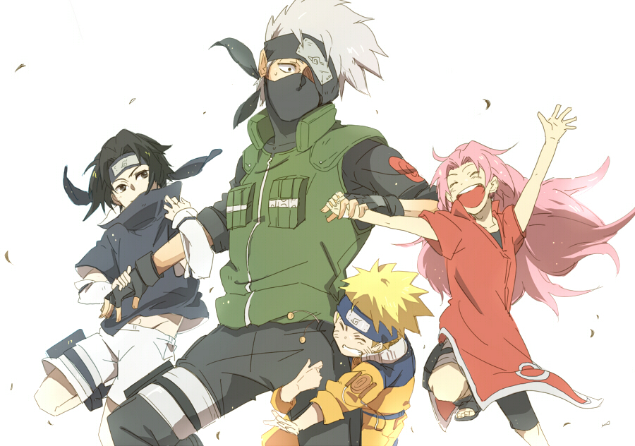 1girl 3boys :d bangs black_eyes black_gloves black_hair black_pants black_shirt blonde_hair blue_shirt closed_eyes fingerless_gloves forehead_protector gloves grin haruno_sakura hatake_kakashi holding_hands holding_leg jacket long_hair mask multiple_boys naruto naruto_(series) one_eye_covered open_mouth orange_jacket outstretched_arms pants pink_hair red_shirt sandals shirt short_hair short_sleeves shorts simple_background smile team7 teeth toes uchiha_sasuke uzumaki_naruto vest white_background white_hair white_shorts yuuki_chitose