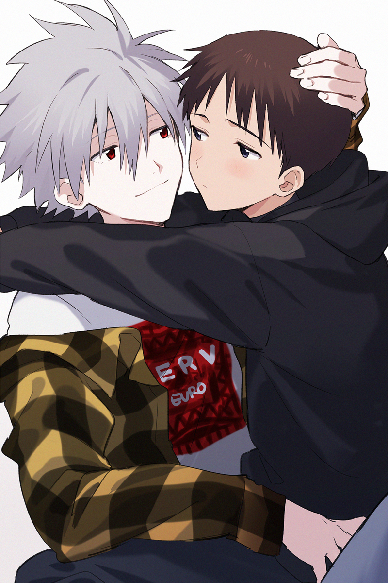 11kkr 2boys bangs black_pants black_vest blue_eyes blue_pants blush brown_hair closed_mouth hand_on_another's_head hand_on_another's_hip highres holding hug ikari_shinji looking_at_another multiple_boys nagisa_kaworu neon_genesis_evangelion pants red_eyes shirt short_hair simple_background sitting smile standing vest white_hair white_shirt