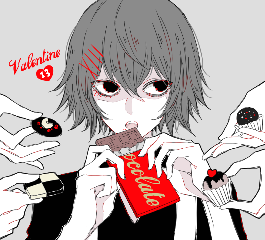 1boy 4others awara_kayu bangs black_shirt candy chocolate chocolate_bar commentary_request cookie cupcake food grey_background hair_between_eyes hair_ornament hairclip heart holding male_focus monochrome multiple_others open_mouth shirt short_hair simple_background solo spot_color suspenders suzuya_juuzou tokyo_ghoul tokyo_ghoul:re valentine x_hair_ornament