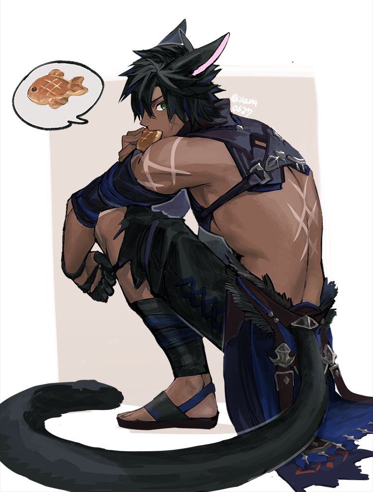 1boy animal_ears black_gloves black_hair black_pants black_tail brown_background clothing_request commentary_request dark-skinned_male dark_skin eating fictional_persona final_fantasy final_fantasy_xiv food from_side full_body gloves green_eyes hair_between_eyes leg_wrap looking_at_viewer looking_to_the_side male_focus miqo'te mn_(zig_r14) pants pectorals profile sandals scar scar_on_arm scar_on_back scar_on_face short_hair sideways_glance solo speech_bubble spoken_food spoken_object squatting tail taiyaki toned toned_male twitter_username wagashi white_background