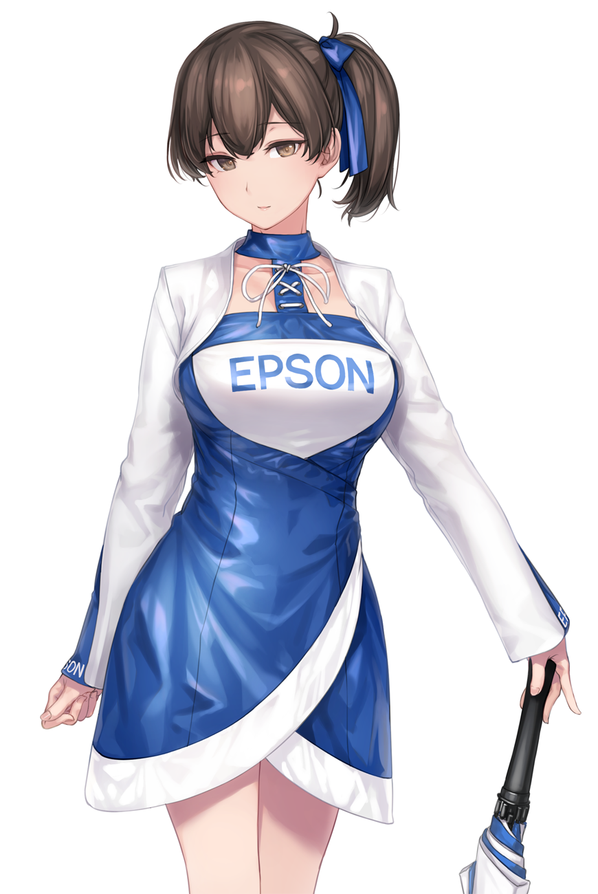 1girl alternate_costume blue_dress breasts brown_eyes brown_hair closed_mouth cowboy_shot dress ears epson hair_ribbon highres kaga_(kancolle) kantai_collection large_breasts long_hair long_sleeves racequeen ribbon rokuwata_tomoe side_ponytail simple_background white_background
