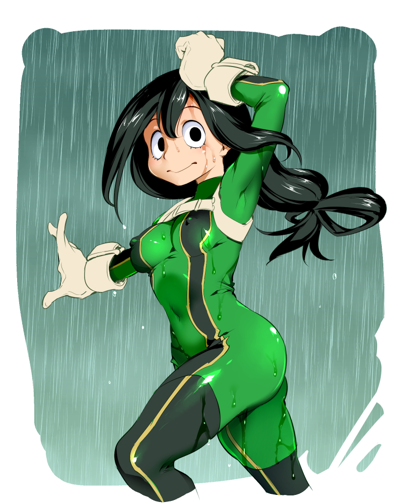 1girl :&gt; arm_up ass asui_tsuyu bangs black_eyes bodysuit boku_no_hero_academia breasts commentary covered_nipples cropped_legs empty_eyes funnyari gloves green_bodysuit hair_between_eyes hair_rings harness leg_up light_smile long_hair looking_at_viewer low-tied_long_hair medium_breasts outstretched_arm rain solo water_drop water_stream wet white_gloves