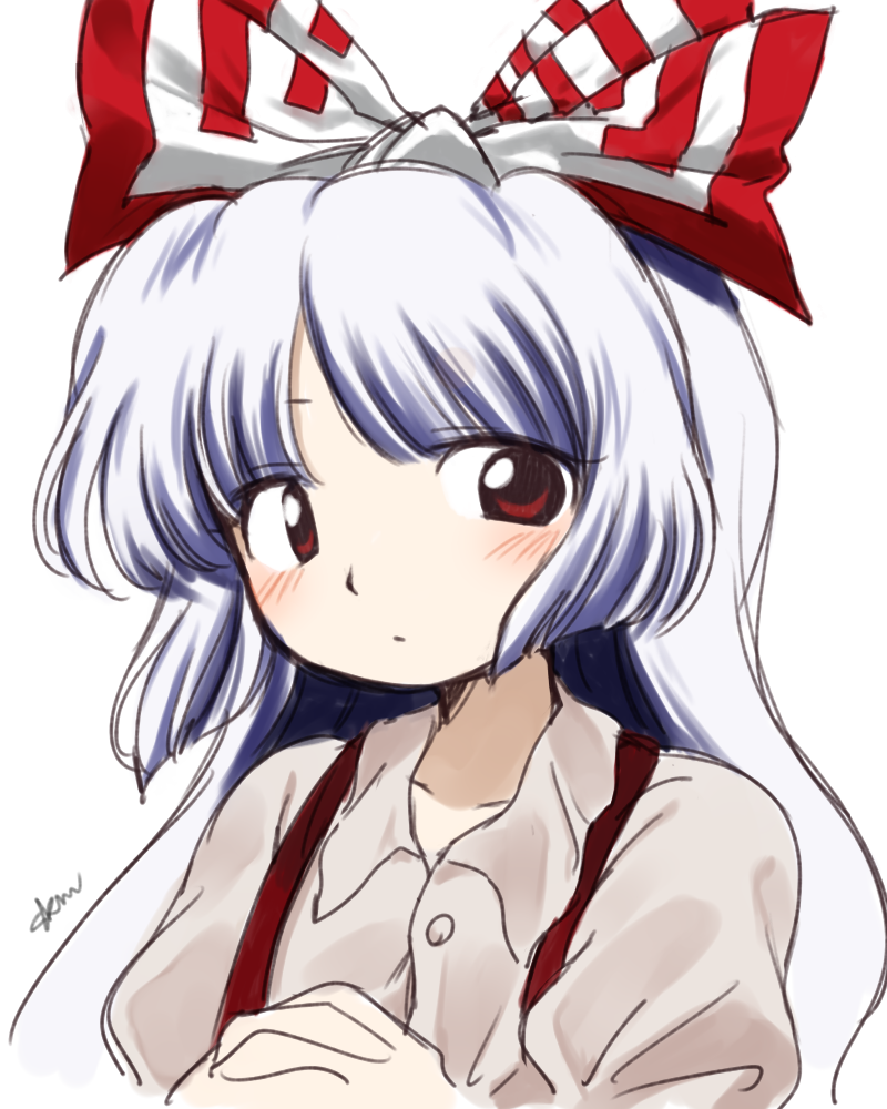 1girl bangs blush bow buttons closed_mouth collar collared_shirt eyebrows_visible_through_hair fujiwara_no_mokou hands_together hands_up hayakumo_(okura_oishiiii) long_hair long_sleeves multicolored_bow puffy_sleeves red_bow red_eyes shirt signature simple_background solo touhou upper_body white_background white_bow white_hair white_shirt zun_(style)