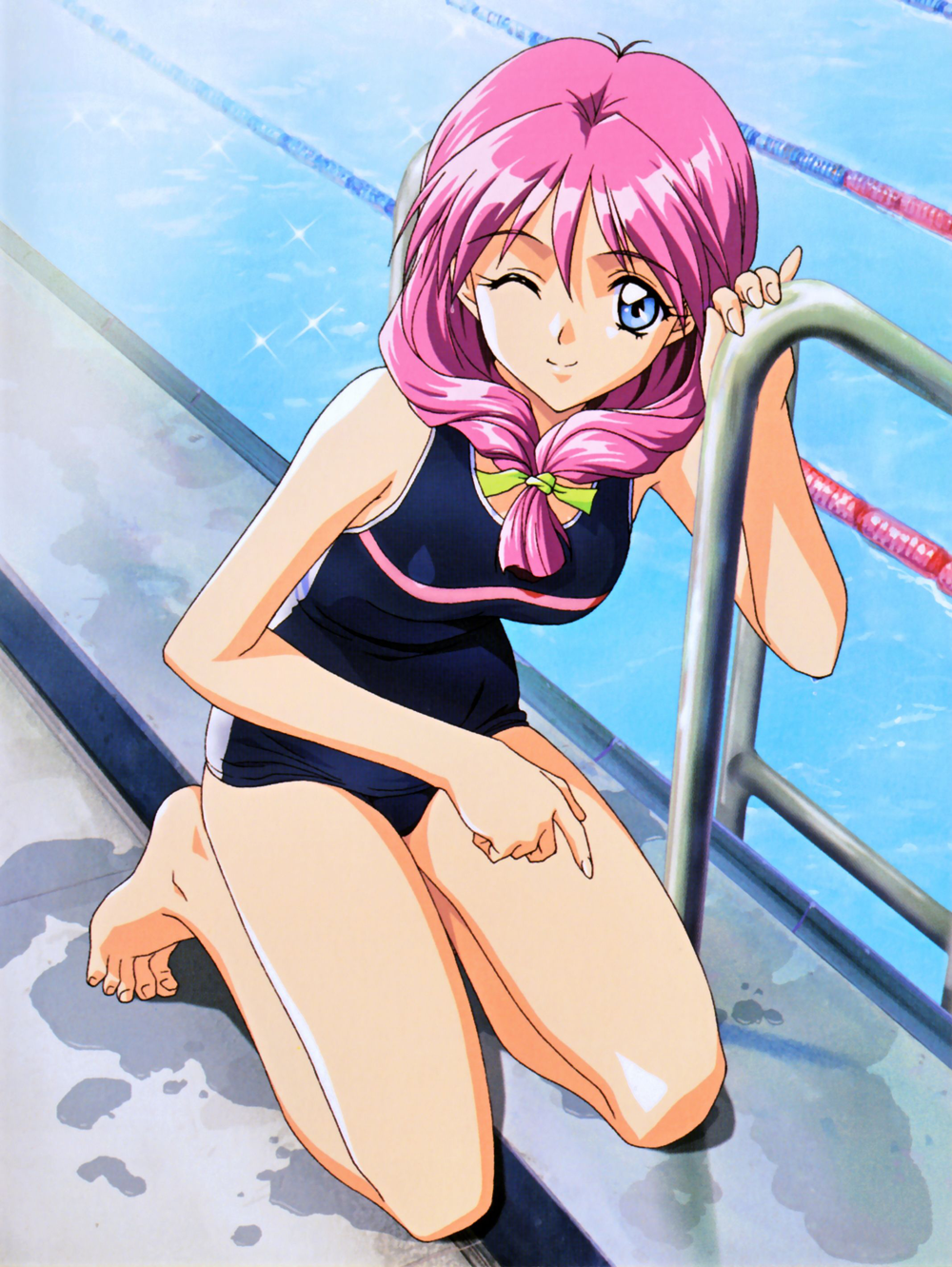 1990s_(style) 1girl bangs barefoot blue_eyes eyebrows_visible_through_hair front_ponytail full_body highres kneeling kokura_masashi long_hair looking_at_viewer official_art one-piece_swimsuit one_eye_closed pink_hair pool pool_ladder poolside retro_artstyle shirayuki_maho smile solo swimsuit tokimeki_memorial tokimeki_memorial_2