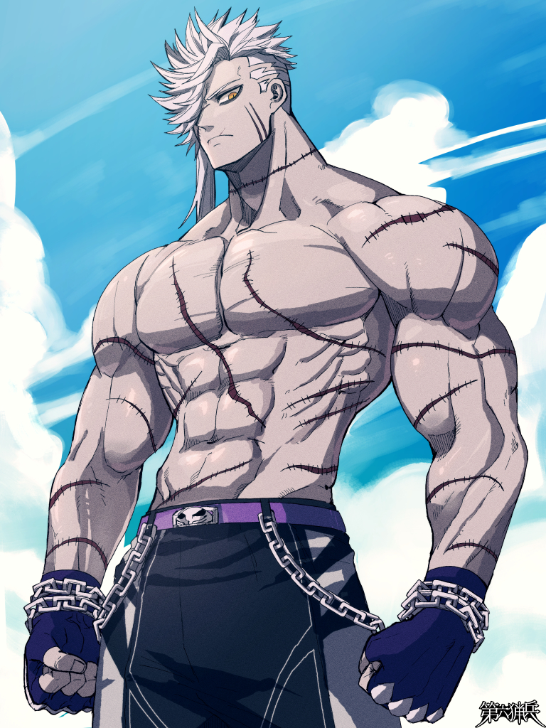 1boy abs bare_pectorals blazbluefairy chain character_request colored_skin dairoku_youhei fingerless_gloves gloves grey_skin large_pectorals looking_at_viewer male_focus male_swimwear mature_male medium_hair muscular muscular_male navel no_nipples official_art pectorals purple_belt scar scar_on_arm scar_on_cheek scar_on_chest scar_on_face scar_on_stomach sideburns sidecut solo spiky_hair stomach swim_trunks white_hair
