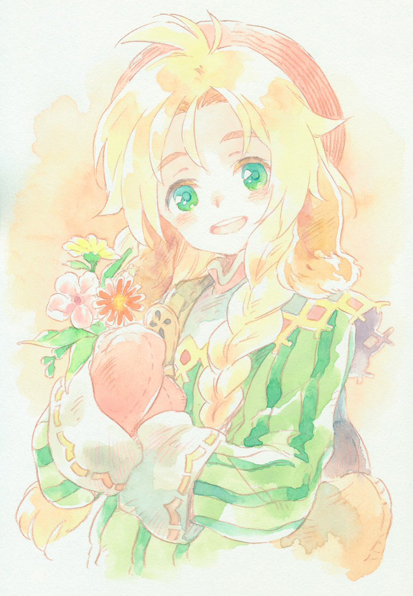 1girl agahari blonde_hair braid braided_ponytail commentary_request flower gloves green_eyes hat highres holding holding_flower long_hair mariel_(wild_arms) open_mouth red_headwear smile solo teeth traditional_media upper_teeth wild_arms wild_arms_1