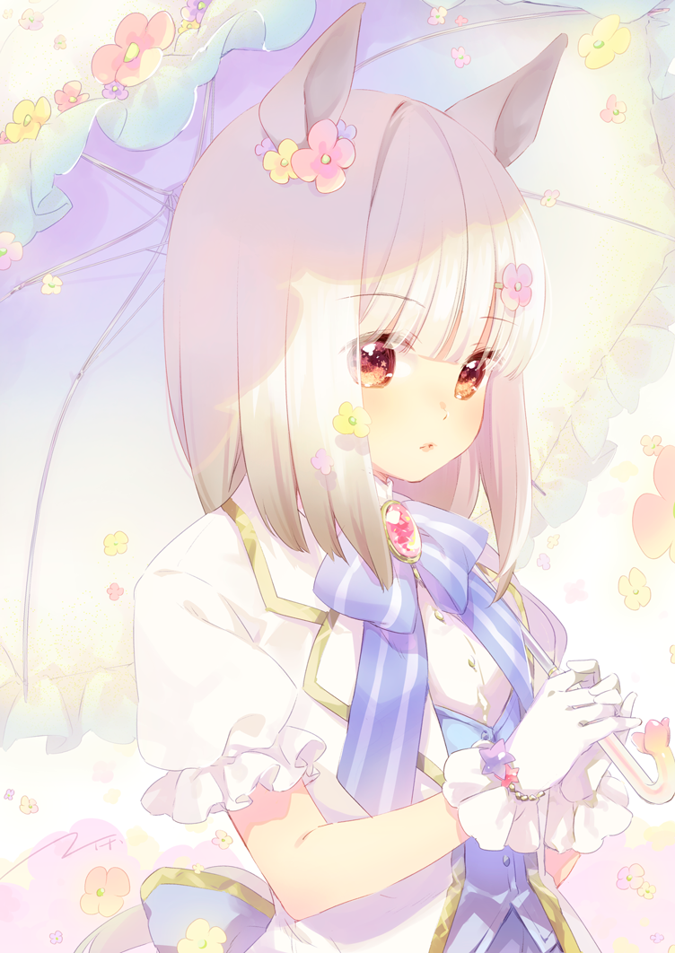 1girl bangs blue_bow blue_flower blue_vest bow brooch brown_eyes commentary_request ech eyebrows_visible_through_hair flower frilled_umbrella gloves hair_flower hair_ornament hairclip happy_meek_(umamusume) holding holding_umbrella jacket jewelry looking_at_viewer parted_lips pink_flower purple_flower shirt solo striped striped_bow umamusume umbrella upper_body vest white_gloves white_hair white_jacket white_shirt white_umbrella yellow_flower