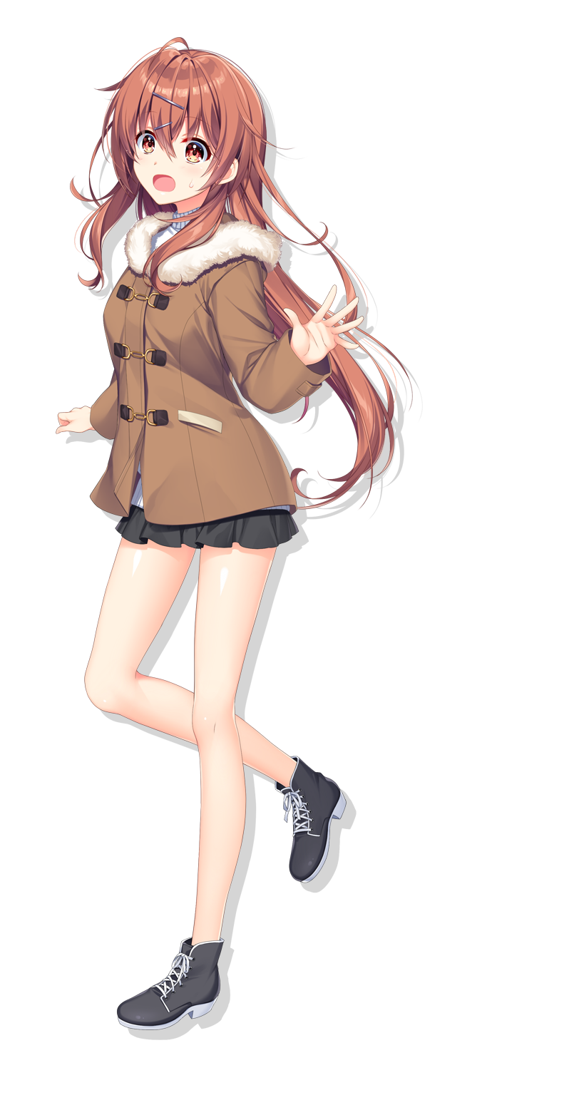 1girl ahoge alpha_(yukai_na_nakamatachi) ayase_aisa black_footwear black_skirt blush brown_coat brown_eyes brown_hair coat floating_hair full_body fur_coat game_cg hair_ornament hairclip highres long_hair long_sleeves miniskirt official_art open_mouth pleated_skirt shiny shiny_hair skirt solo sousaku_kanojo_no_renai_koushiki standing tachi-e transparent_background very_long_hair