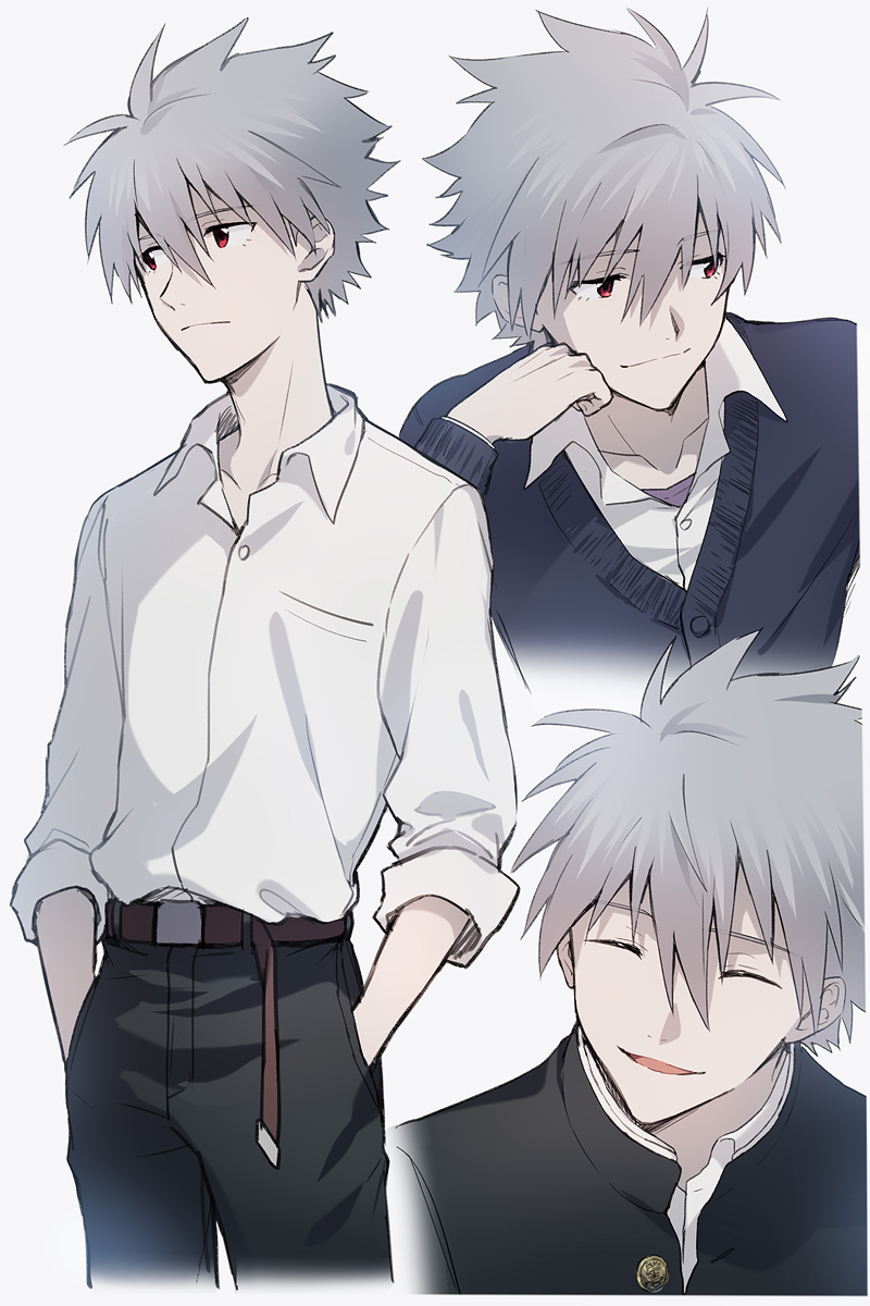 11kkr 1boy bangs belt black_coat black_pants blush closed_mouth coat eyebrows_visible_through_hair hand_in_pocket hand_on_own_cheek hand_on_own_face highres looking_to_the_side multiple_views nagisa_kaworu neon_genesis_evangelion open_mouth pants red_eyes shirt short_hair simple_background smile standing white_background white_hair white_shirt