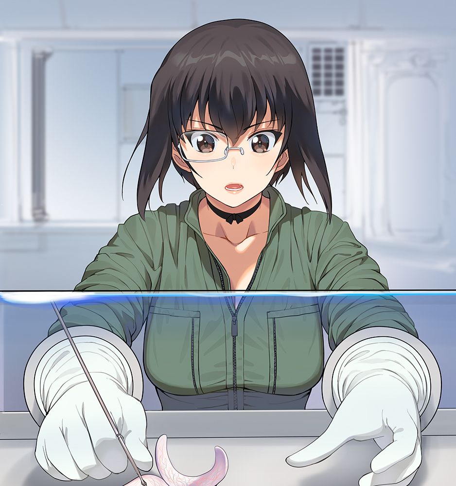 1girl :o a1 bangs black_choker black_hair black_legwear blurry blurry_background breasts brown_eyes calvin_(life) check_commentary choker collarbone commentary_request container crossover fang girls_und_panzer glass gloves green_jumpsuit hair_between_eyes indoors jumpsuit kawashima_momo laboratory large_breasts life_(2017_film) lips long_sleeves looking_down lower_teeth monocle open_mouth parody partially_unzipped poking rubber_gloves semi-rimless_eyewear short_hair sidelocks solo standing tsurime under-rim_eyewear upper_body white_gloves zipper zipper_pull_tab