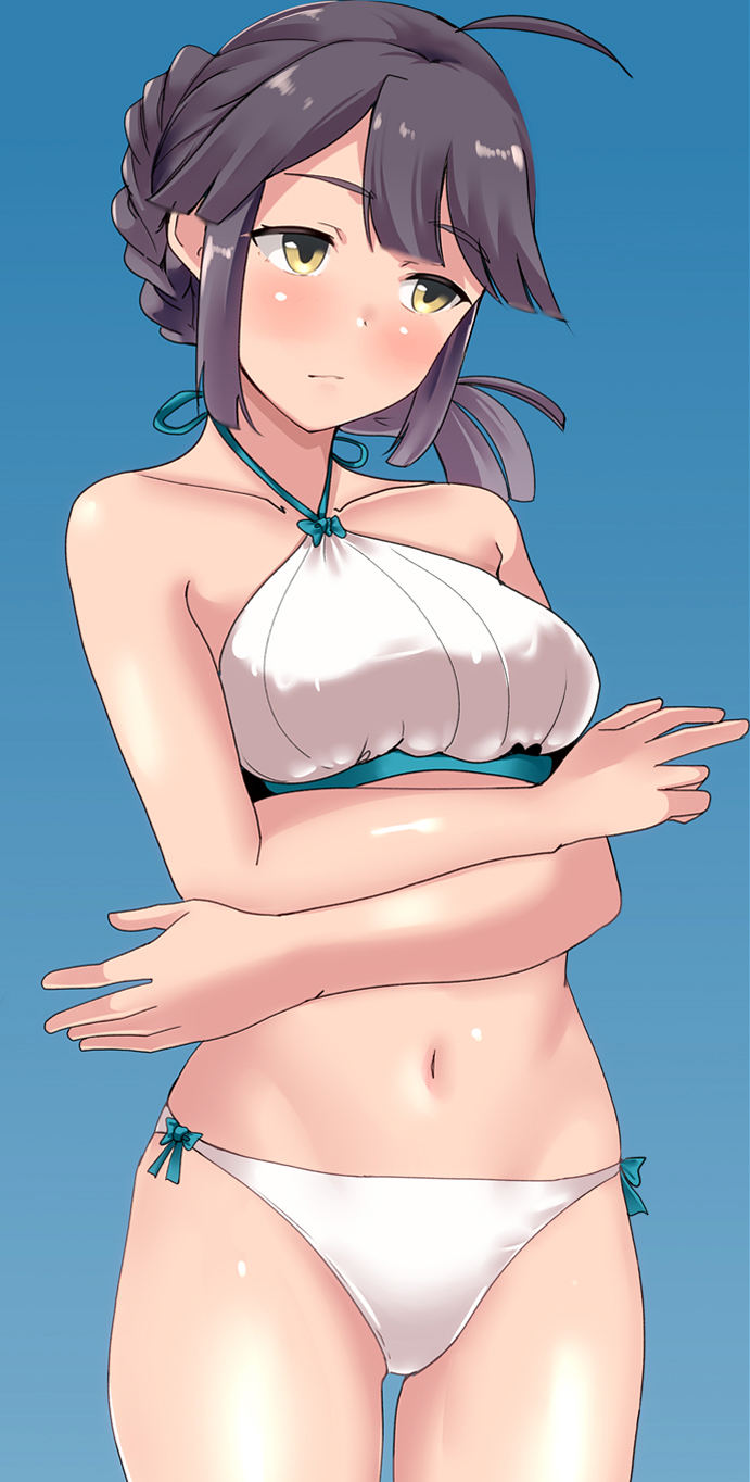 1girl ahoge bangs bikini blue_background blush breasts chirashi_(so) closed_mouth crossed_arms eyebrows_visible_through_hair hayanami_(kancolle) highres kantai_collection medium_breasts ponytail purple_hair side_ponytail sidelocks simple_background solo swimsuit white_bikini yellow_eyes