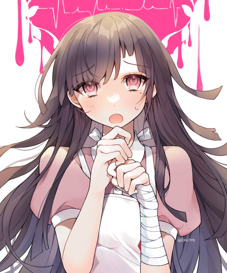 1girl apron bandaged_arm bandages bangs blush collared_shirt commentary_request dalrye dangan_ronpa_(series) dangan_ronpa_2:_goodbye_despair dress_shirt eyebrows_visible_through_hair hands_up long_hair looking_at_viewer mole mole_under_eye open_mouth own_hands_together pink_background pink_eyes pink_shirt puffy_short_sleeves puffy_sleeves shirt short_sleeves simple_background solo tsumiki_mikan twitter_username upper_body white_apron