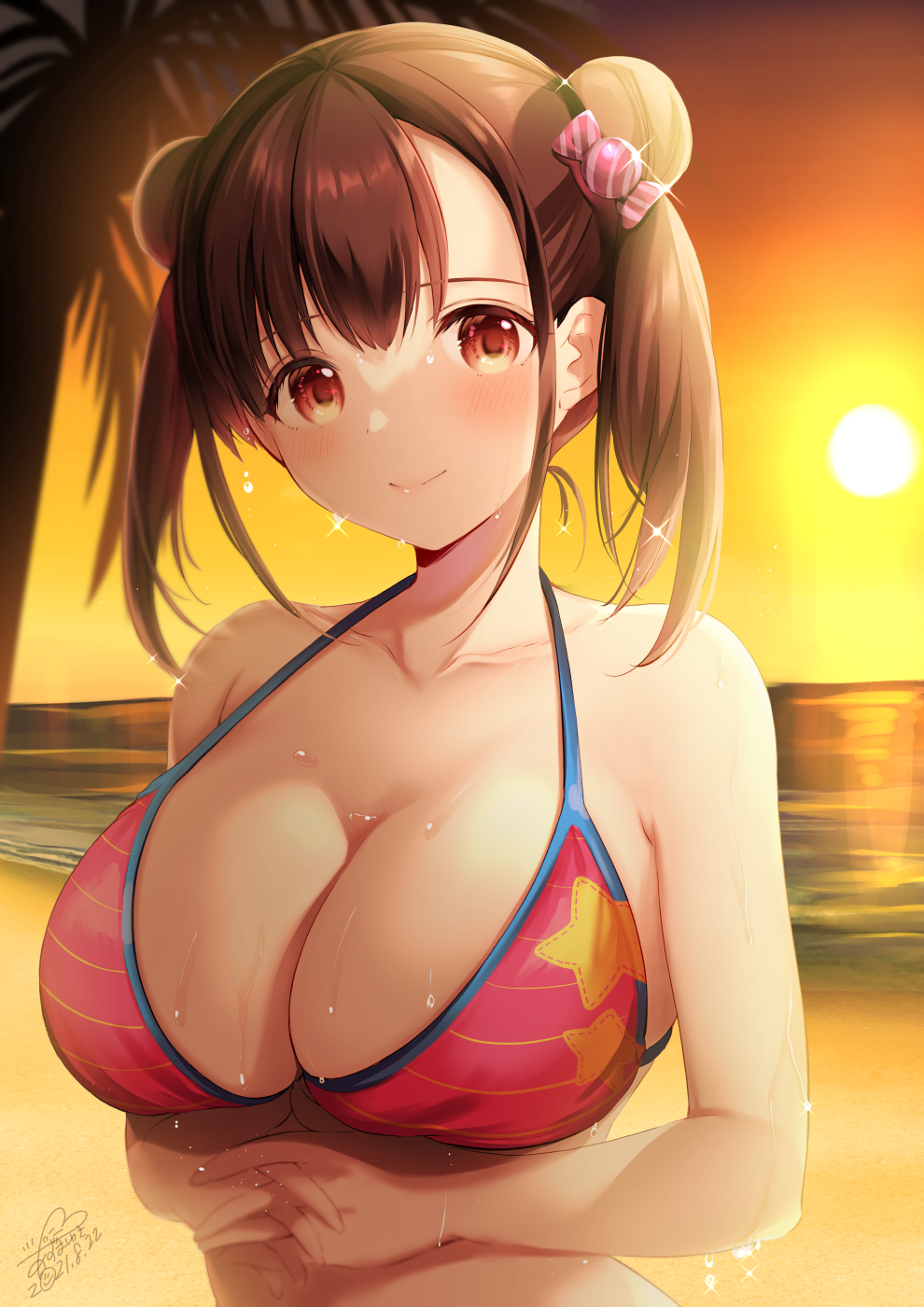 1girl azuma_yuki bare_arms bare_shoulders bikini breasts brown_eyes brown_hair candy_hair_ornament candy_wrapper collarbone commentary_request double_bun food-themed_hair_ornament hair_ornament highres horizon idolmaster idolmaster_shiny_colors large_breasts ocean palm_tree print_bikini red_bikini signature solo sonoda_chiyoko star_(symbol) star_print sun sunset swimsuit tree twintails upper_body water wet