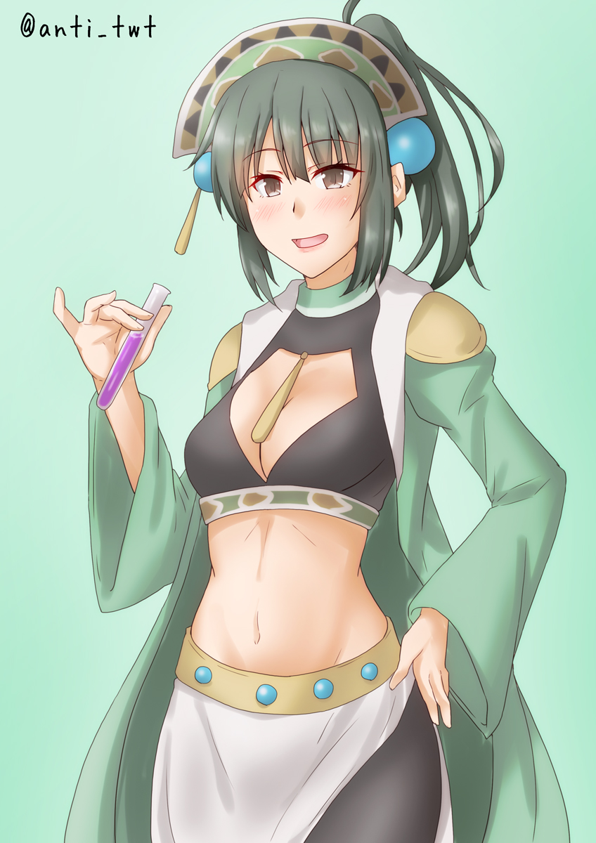 1girl anti_(untea9) atelier_(series) atelier_marie breasts brown_eyes cleavage_cutout clothing_cutout coat commentary_request cosplay cowboy_shot eyebrows_visible_through_hair gradient gradient_background green_background green_coat grey_hair headdress highres kantai_collection long_hair marie_(atelier) marie_(atelier)_(cosplay) medium_breasts midriff one-hour_drawing_challenge ponytail sidelocks skirt solo test_tube twitter_username white_skirt yuubari_(kancolle)