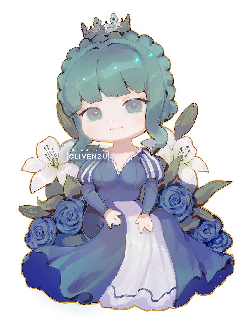1girl artist_name blue_dress braid chibi clivenzu closed_mouth commission crown crown_braid dress english_text flower green_eyes green_hair juliet_sleeves long_dress long_sleeves looking_at_viewer original puffy_sleeves simple_background smile solo v-neck white_background white_flower