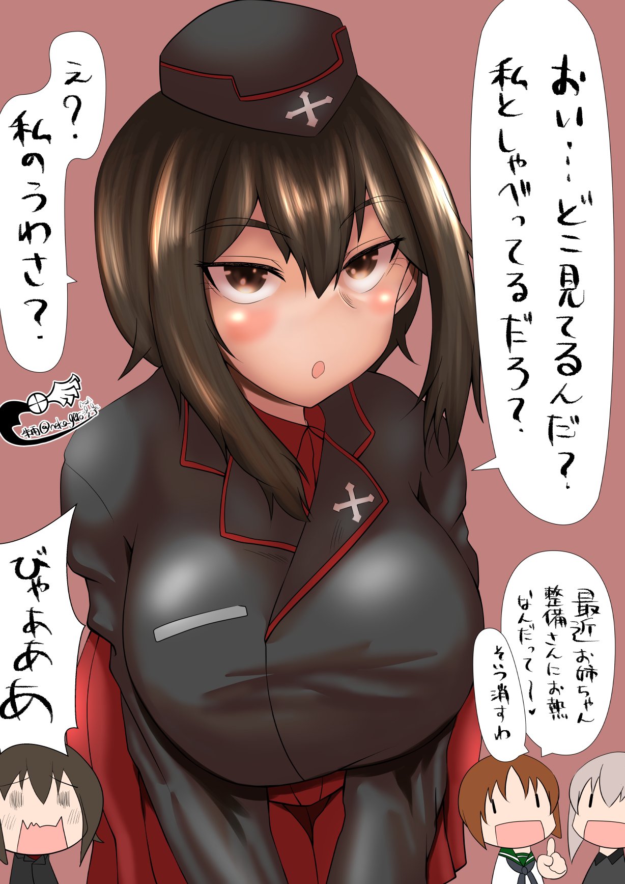 bangs black_jacket blush brown_hair dress_shirt garrison_cap girls_und_panzer guero_nuko hat highres itsumi_erika jacket kuromorimine_military_uniform long_hair long_sleeves military military_uniform multiple_girls nishizumi_maho nishizumi_miho ooarai_school_uniform red_shirt school_uniform shirt short_hair silver_hair skirt translation_request uniform