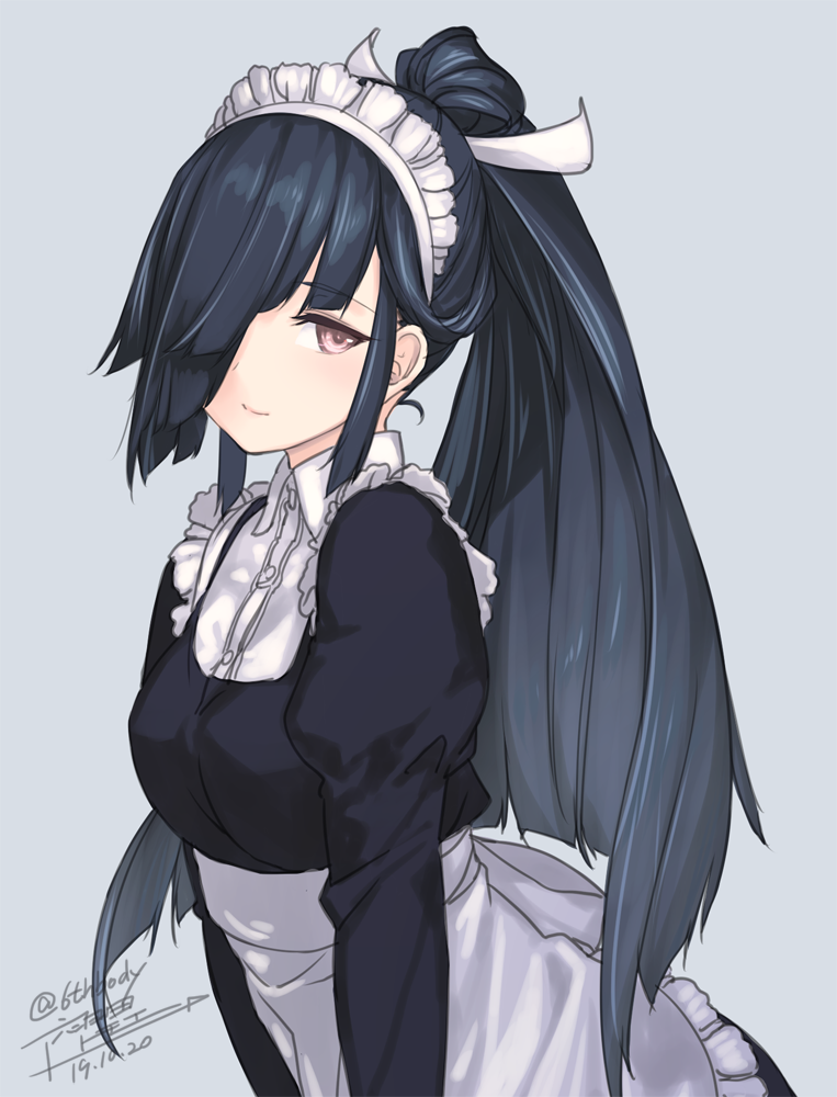 1girl alternate_costume apron black_dress black_hair blue_background blush dated dress enmaided frills hair_over_one_eye hair_ribbon hayashimo_(kancolle) juliet_sleeves kantai_collection long_hair long_sleeves looking_at_viewer maid maid_headdress one-hour_drawing_challenge ponytail puffy_sleeves ribbon rokuwata_tomoe sidelocks signature simple_background smile solo very_long_hair violet_eyes waist_apron