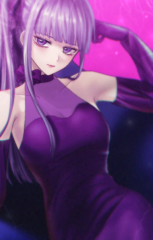 1girl arm_up bangs bare_shoulders blunt_bangs bow breasts closed_mouth collarbone covered_collarbone cowboy_shot dangan_ronpa:_trigger_happy_havoc dangan_ronpa_(series) dangan_ronpa_10th_anniversary_costume dress elbow_gloves gloves hand_up kirigiri_kyouko large_breasts long_hair looking_at_viewer official_alternate_costume pink_background ponytail porary purple_bow purple_dress purple_hair shiny shiny_hair sleeveless smile solo strapless strapless_dress upper_body violet_eyes