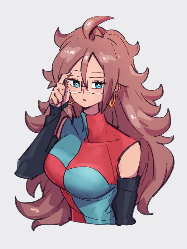 1girl android_21 blue_eyes dragon_ball dragon_ball_fighterz glasses grey_background kemachiku looking_at_viewer redhead simple_background solo