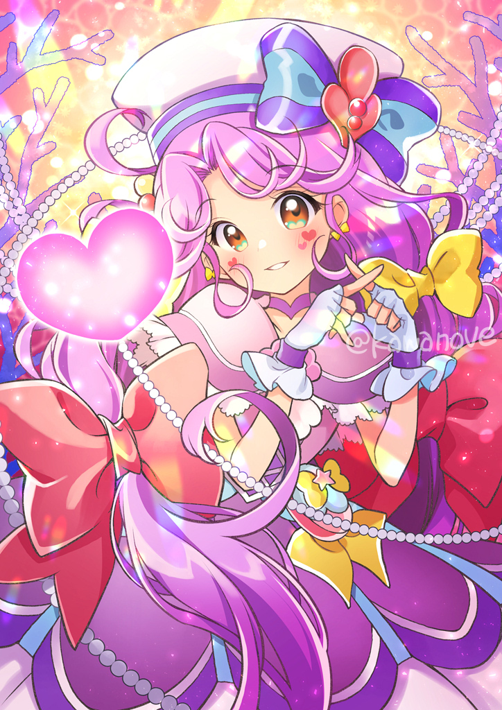 1girl bangs bow brown_eyes coral cure_coral dress facial_mark fingerless_gloves fingers_together gloves hair_bow hat hat_bow heart kawanobe long_hair parted_bangs precure purple_dress purple_hair red_bow sailor_hat smile solo suzumura_sango tropical-rouge!_precure very_long_hair white_gloves yellow_bow