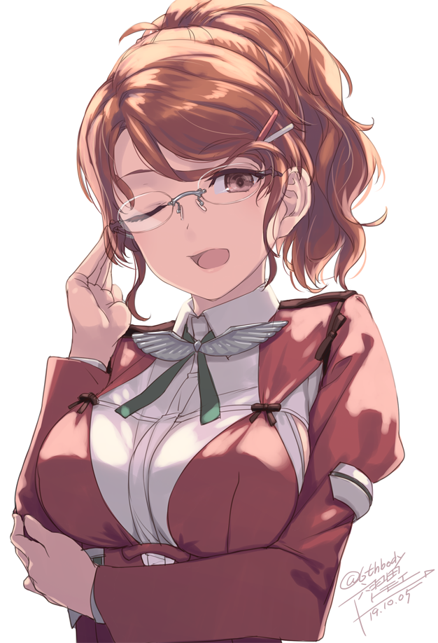 1girl 2019 adjusting_eyewear aquila_(kancolle) aquila_(symbol) bespectacled breasts brown_eyes dated epaulettes glasses hair_ornament hairclip jacket kantai_collection large_breasts looking_at_viewer medium_hair one_eye_closed open_mouth red_jacket redhead rokuwata_tomoe shirt sidelocks simple_background solo tied_hair twitter_username upper_body white_background white_shirt